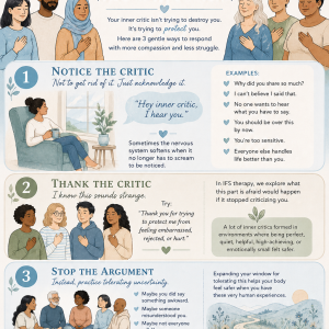 Learn why your inner critic develops and how EMDR, IFS, and somatic therapy can help reduce self-criticism, shame, anxiety, and perfectionism.